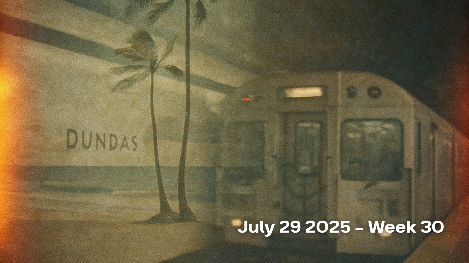 Double exposure image of a TTC train pulling into Dundas station with a tropical beach scene overlay and heavy vignette. 