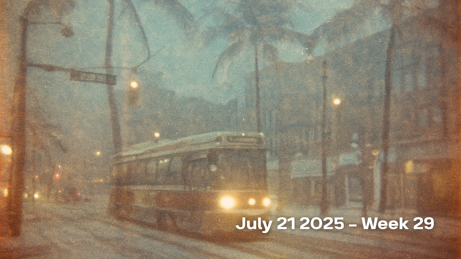 A AI generated image of a TTC street car on a snowy street with double exposure overlay of palm tree in a dimly lit scene