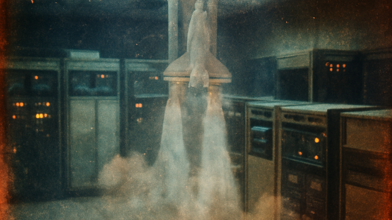 Vintage Holga film photograph showing a double exposure of a space shuttle launching from inside a 1980s computer server room with blinking lights, heavy film grain and light leaks