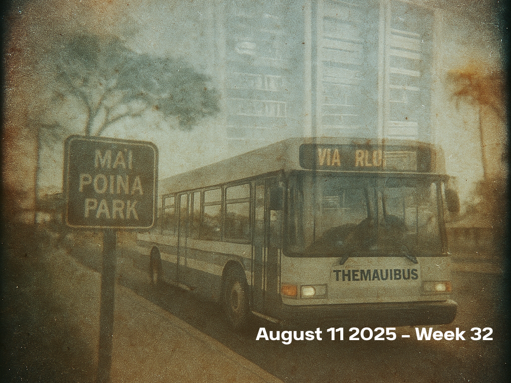 A vintage generate image of the maui bus stopping at Mai Poina Park with text overlay for week 32