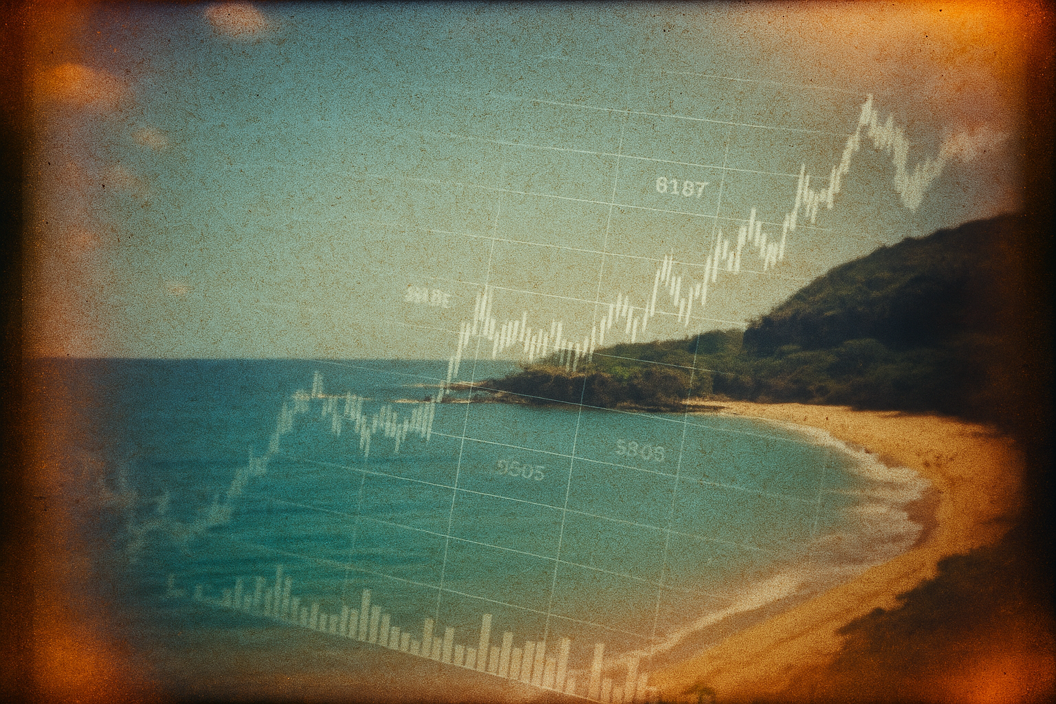 Marketing ROI charts overlaid on Hawaii coastline showing fractional marketing performance data for Hawaiian businesses