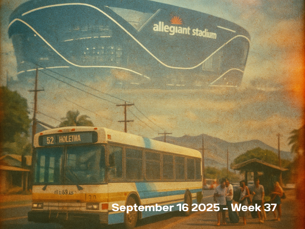 An AI generated image of The Bus stopping in Haleiwa with a double exposure of allegiant stadium and September 16 2025 - Week 37 overlayed in text. 