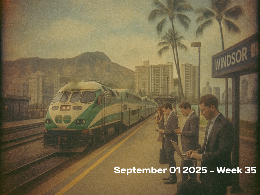 Ontario GO Train stops in Windsor & delivers this week's report with an overlay of Waikiki skyline.