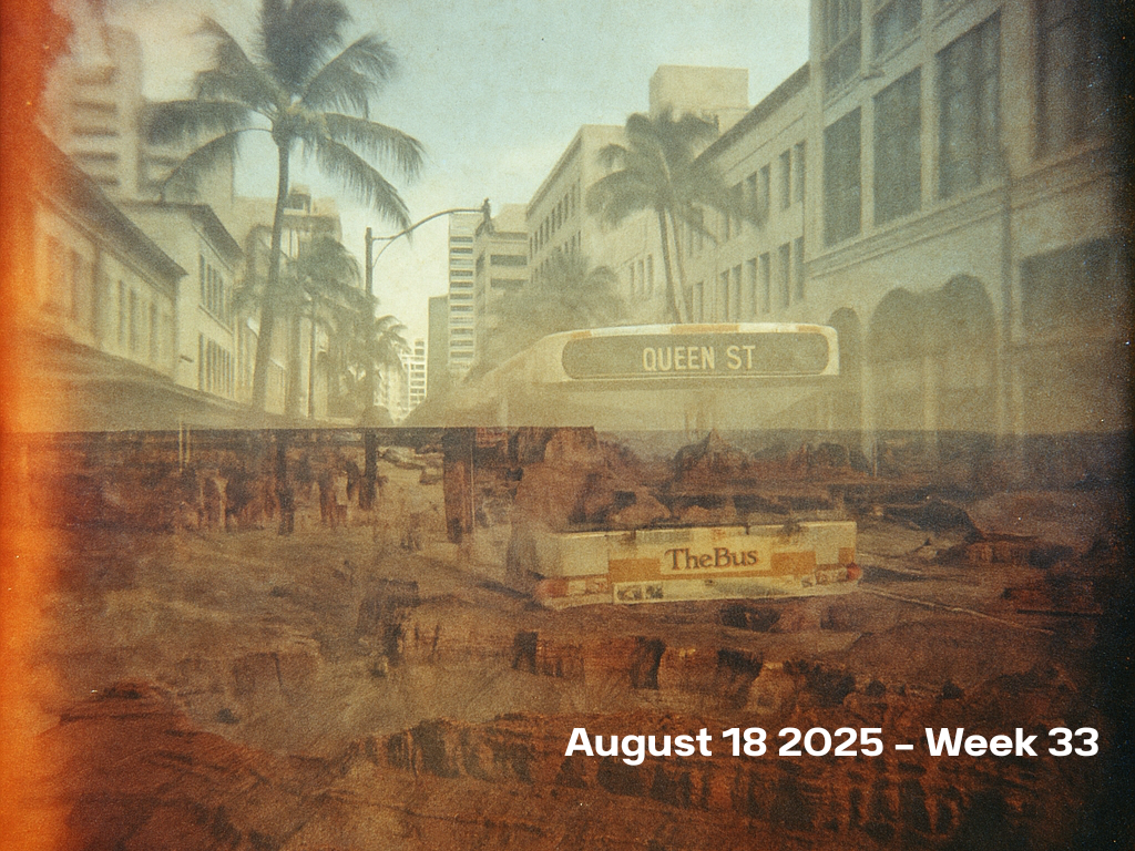 The Bus in downtown Waikiki in an ai generated image with palm tree overlay
