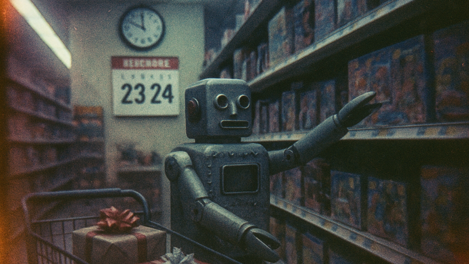 Vintage film photo of retro tin robot shopping in empty toy aisle at 11:47 PM on December 23rd, wrapped gifts in cart, fluorescent lights, heavy grain and color shifts