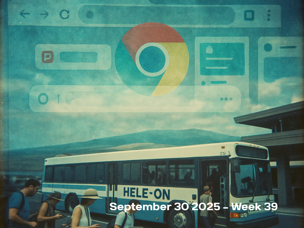 Vintage film photo of Hele-On bus with passengers, double-exposed with Chrome logo and Opera browser interface against volcanic mountains, heavy grain and light leaks
