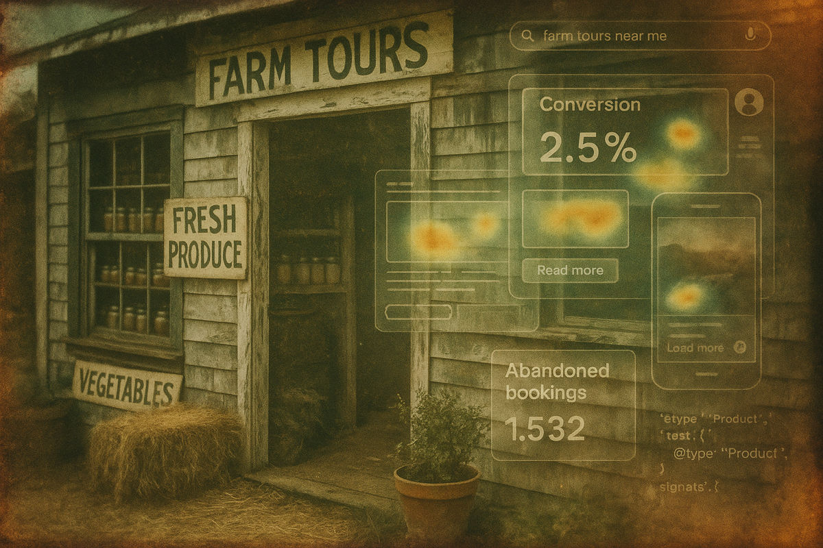 Weathered farm stand with hand-painted signs overlaid with translucent digital metrics showing conversion rates, search queries, and abandoned bookings in vintage Holga film style