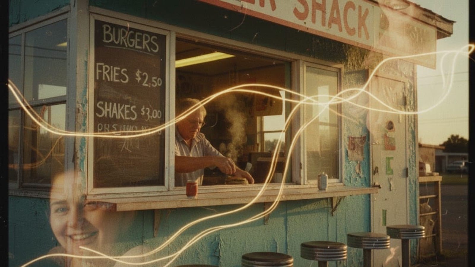 Vintage photo of weathered burger shack with hand-painted menu. Golden hour light. Ghostly overlays of smiling customers flow through the scene like memories made visible.