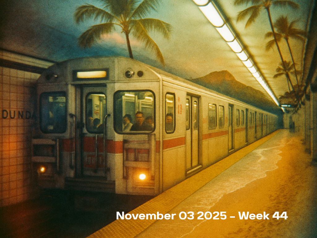 Vintage Holga film photo: Toronto TTC subway at Dundas Station with double exposure of Oahu beach, palm trees, and Diamond Head crater overlay creating surreal juxtaposition