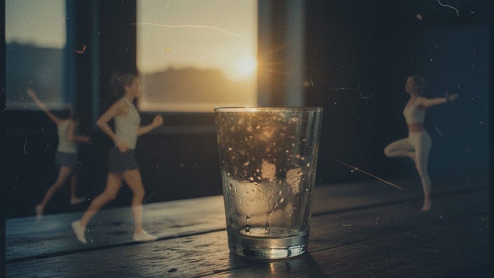 Vintage film photo of glass with condensation on weathered bar at dusk, ghostly double exposure of people in motion overlaid, suggesting shift from drinking culture to wellness choices