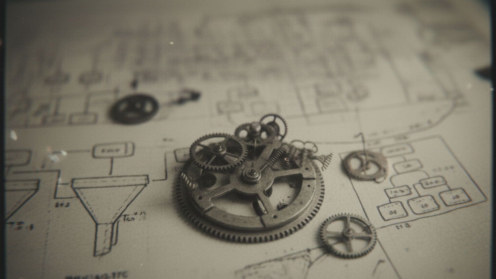 Disassembled clockwork gears resting on a technical blueprint, suggesting a system still intact but no longer calibrated to its original timing assumptions.
